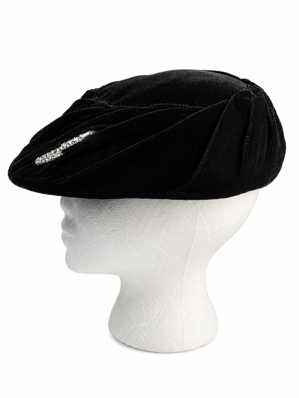 Vintage Black Velvet Beret Hat with Original Rhinestone Accent - For Repair